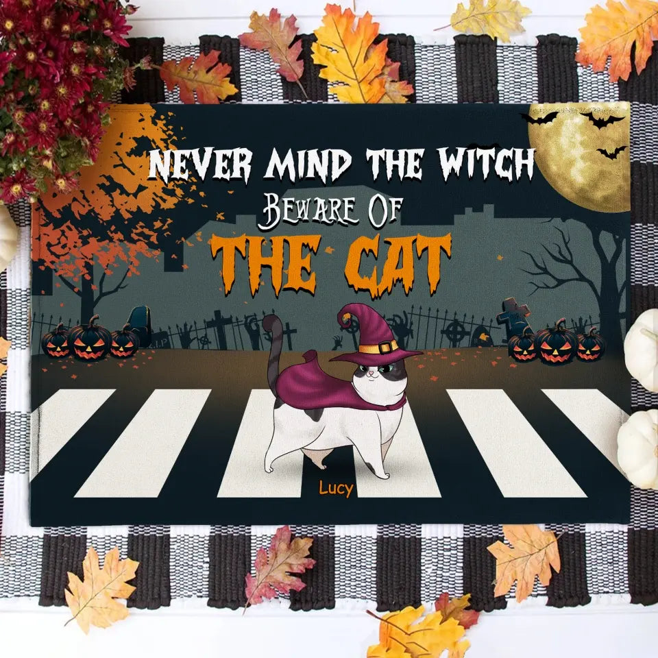 Never Mind The Witch Beware Of The Cats - Personalized Doormat, Halloween Decor