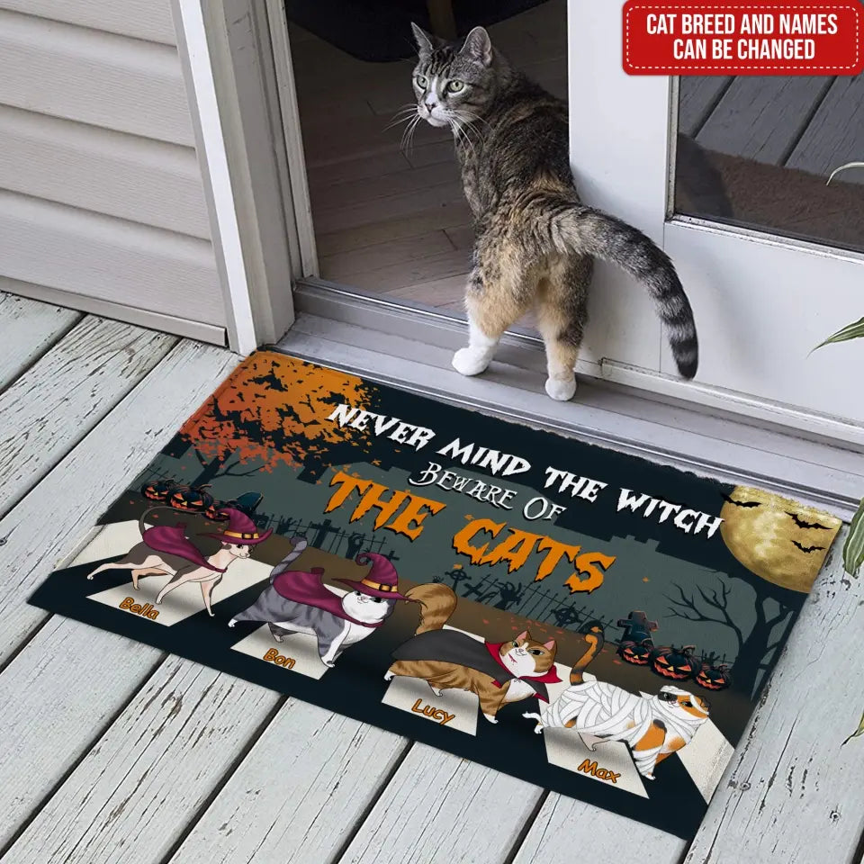 Never Mind The Witch Beware Of The Cats - Personalized Doormat, Halloween Decor