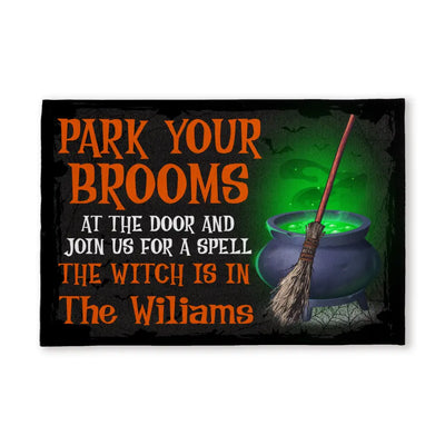 Park Your Brooms At The Door - Personalized Doormat, Halloween Gift