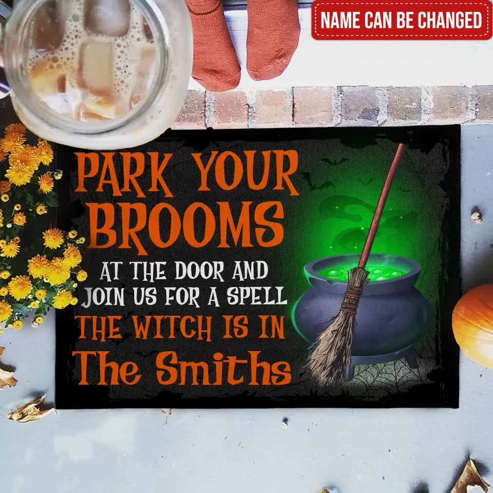 Park Your Brooms At The Door - Personalized Doormat, Halloween Gift