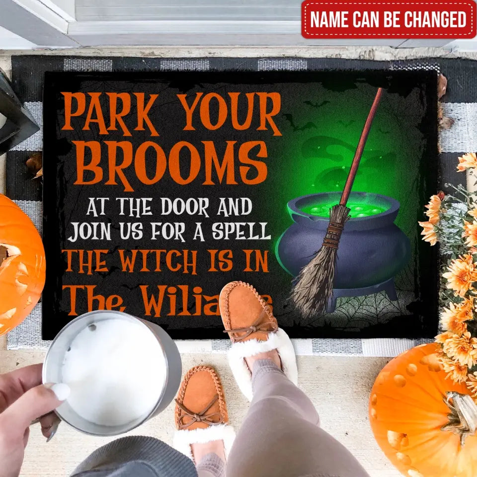 Park Your Brooms At The Door - Personalized Doormat, Halloween Gift