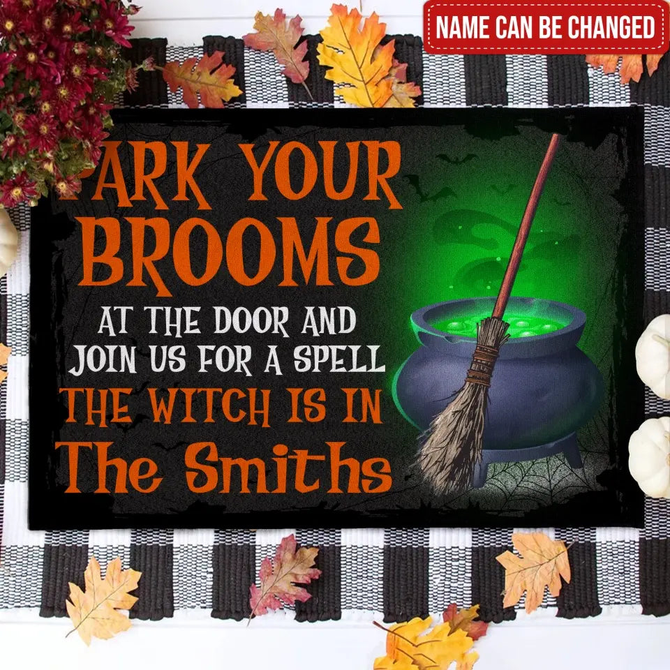 Park Your Brooms At The Door - Personalized Doormat, Halloween Gift