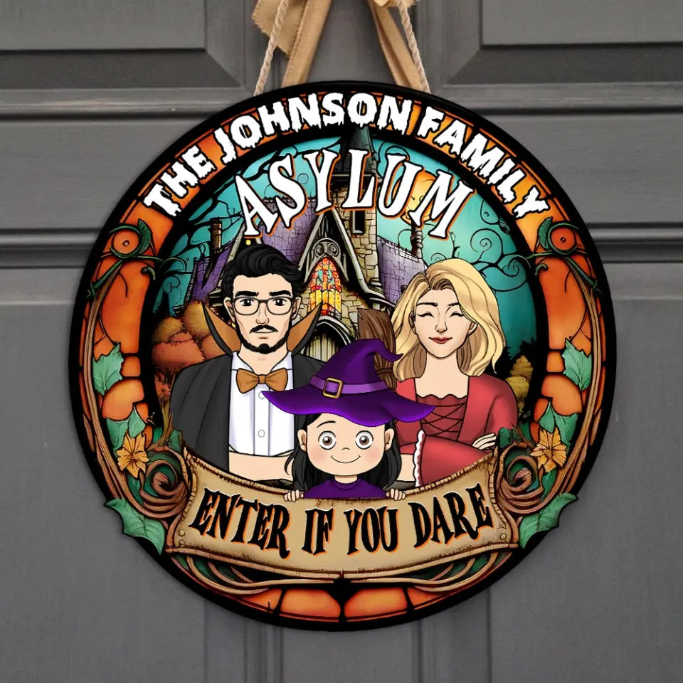 Family Asylum - Personalized Wood Sign, Halloween Gift