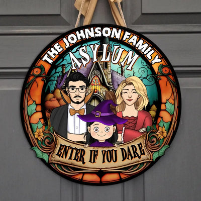 Family Asylum - Personalized Wood Sign, Halloween Gift