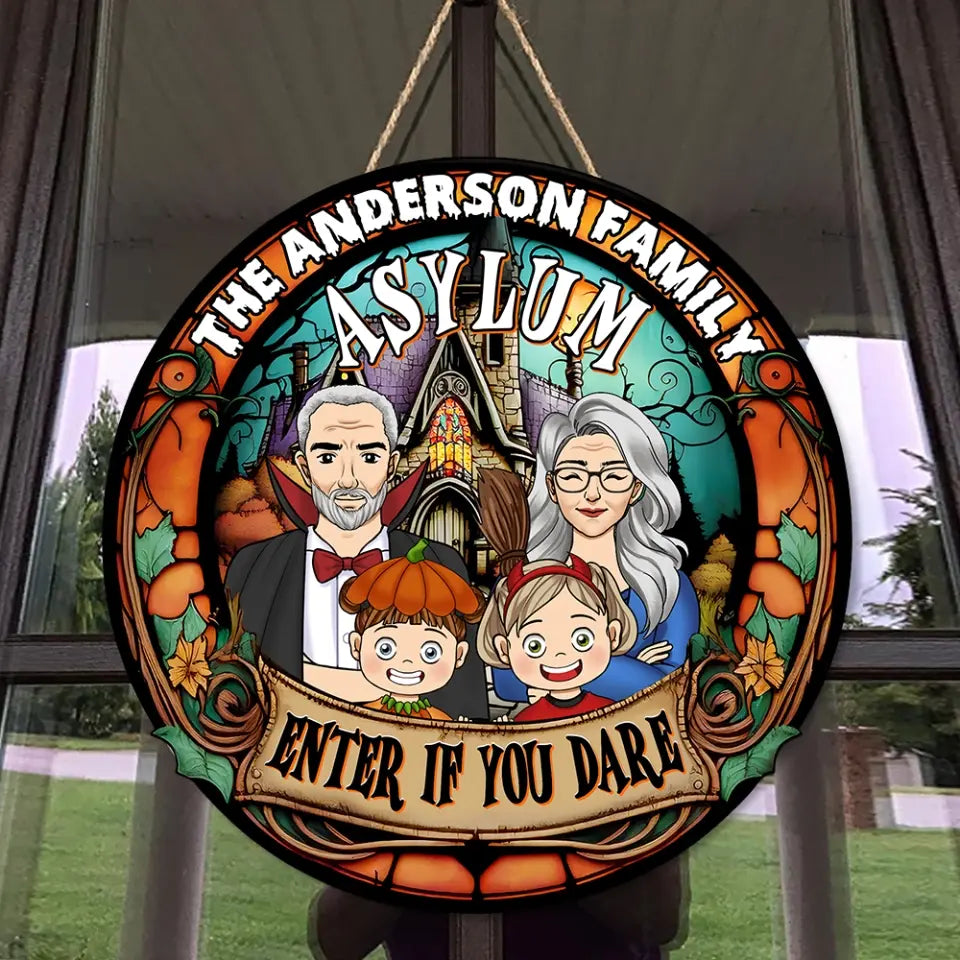 Family Asylum - Personalized Wood Sign, Halloween Gift