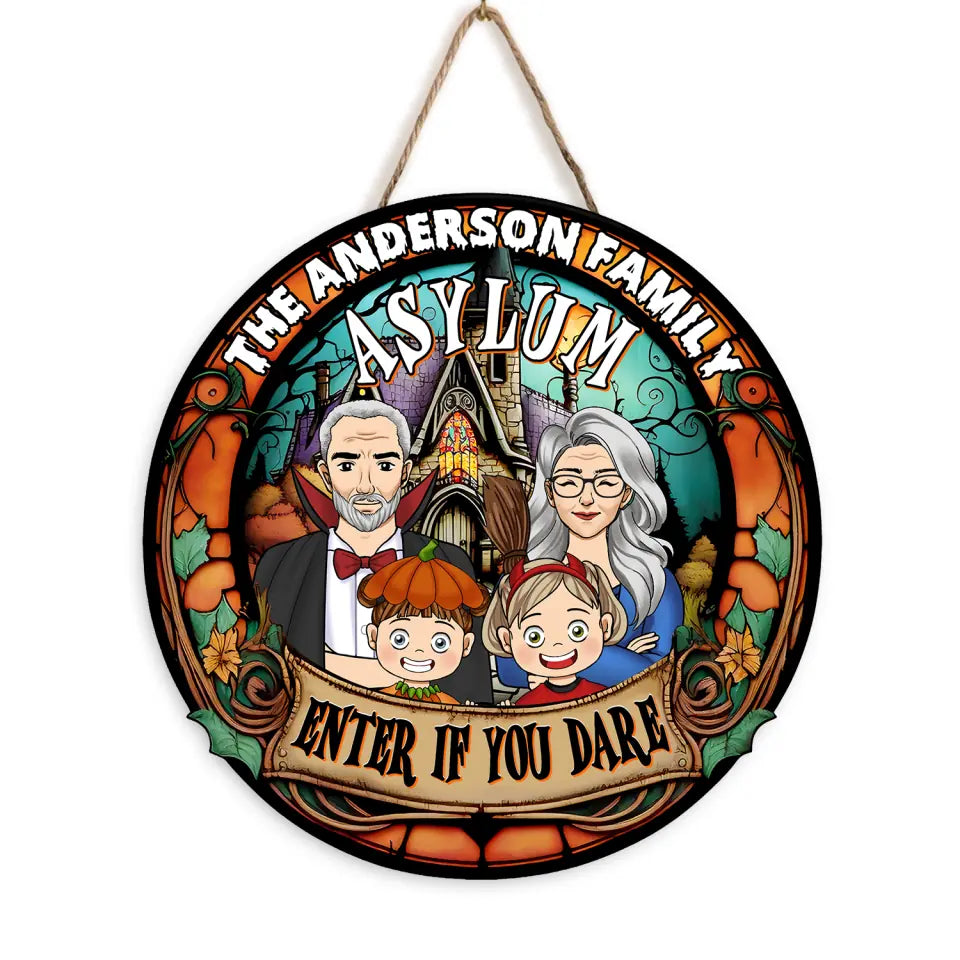 Family Asylum - Personalized Wood Sign, Halloween Gift