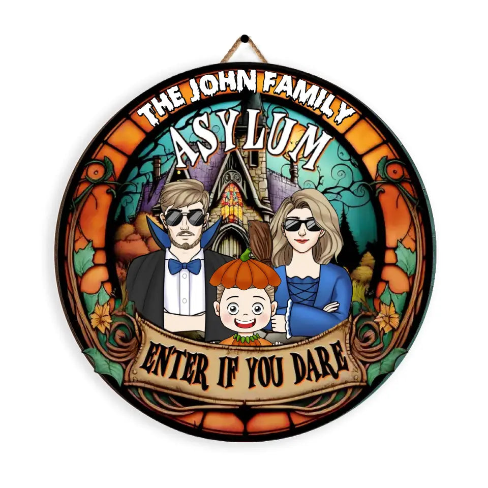 Family Asylum - Personalized Wood Sign, Halloween Gift