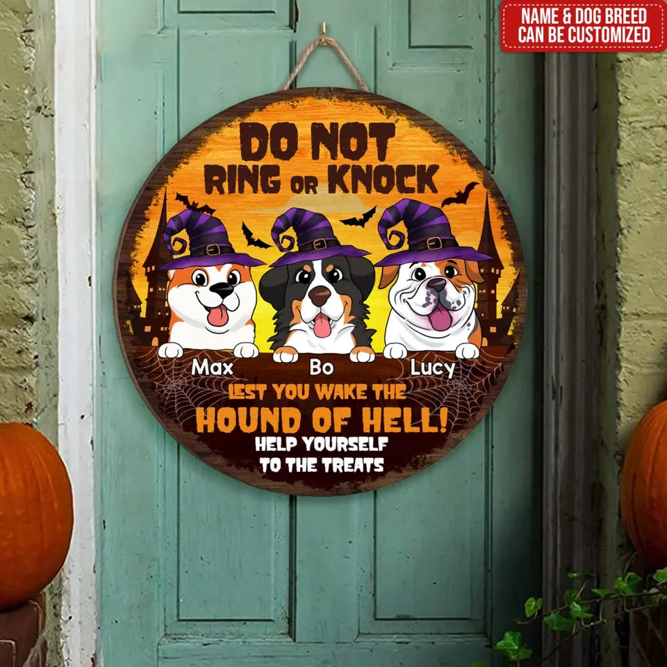 Do Not Ring Or Knock Lest You Wake The Hound Of Hell - Personalized Wood Sign, Gift For Halloween