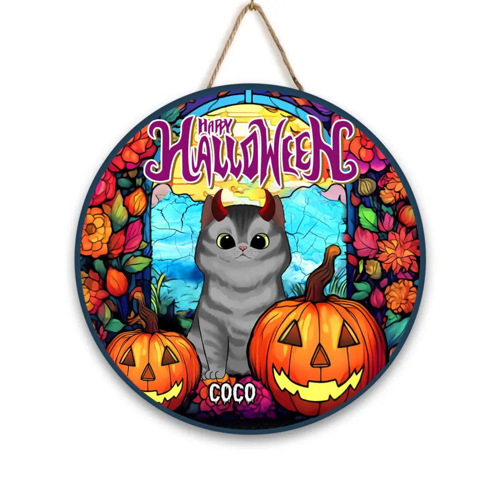 Happy Halloween - Personalized Wood Sign, Gift For Hallowee, Gift For Cat Lover