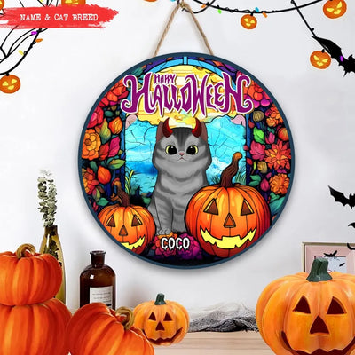 Happy Halloween - Personalized Wood Sign, Gift For Hallowee, Gift For Cat Lover