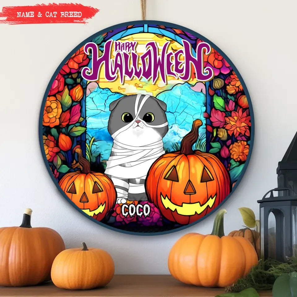 Happy Halloween - Personalized Wood Sign, Gift For Hallowee, Gift For Cat Lover