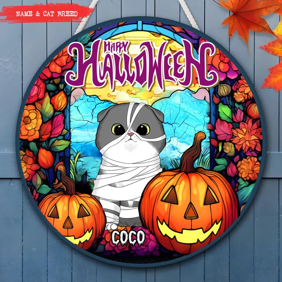 Happy Halloween - Personalized Wood Sign, Gift For Hallowee, Gift For Cat Lover