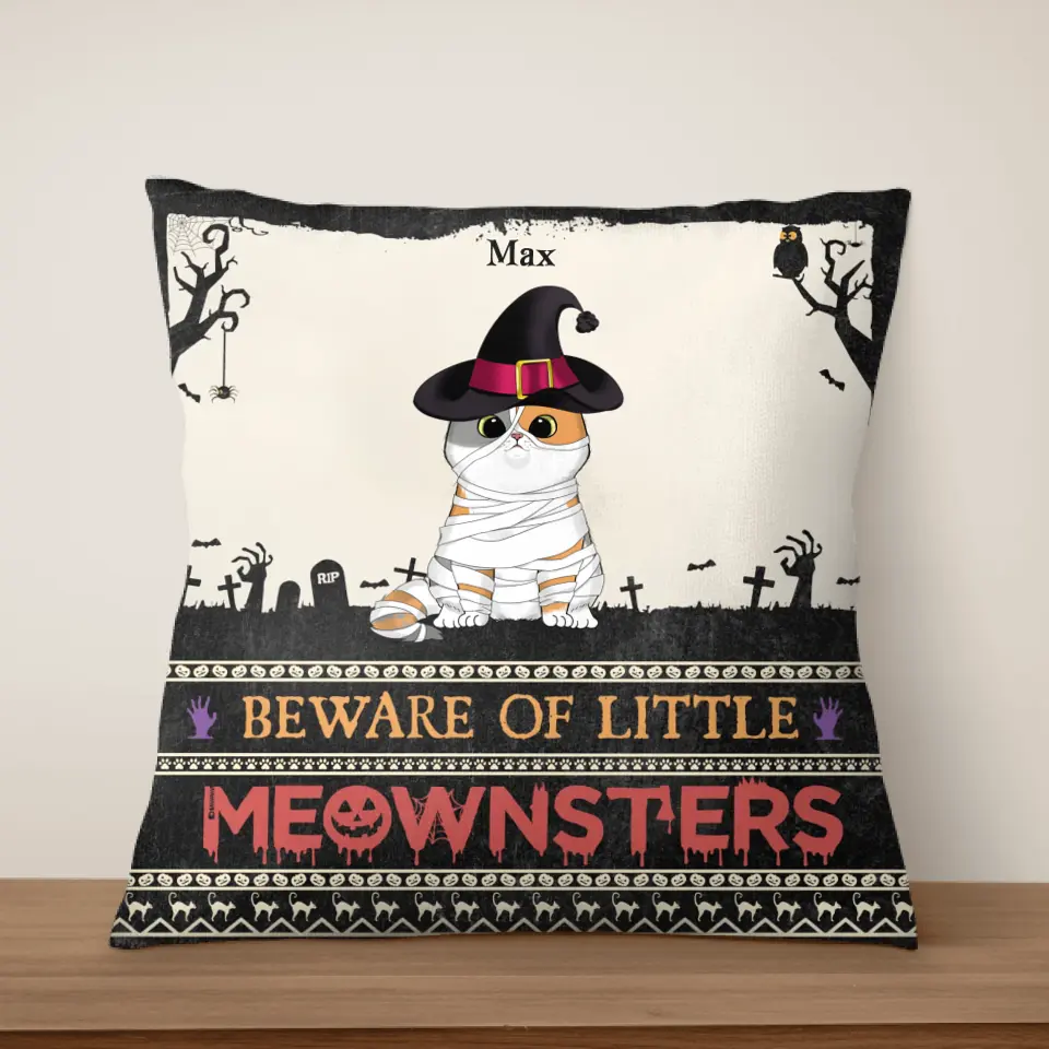 Beware Of Little Meownsters - Personalized Pillow, Halloween Gift