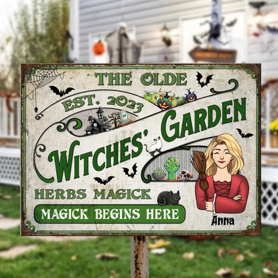 The Olde Witches' Garden Fresh Grown Herbs Magick Begins Here - Personalized Metal Sign