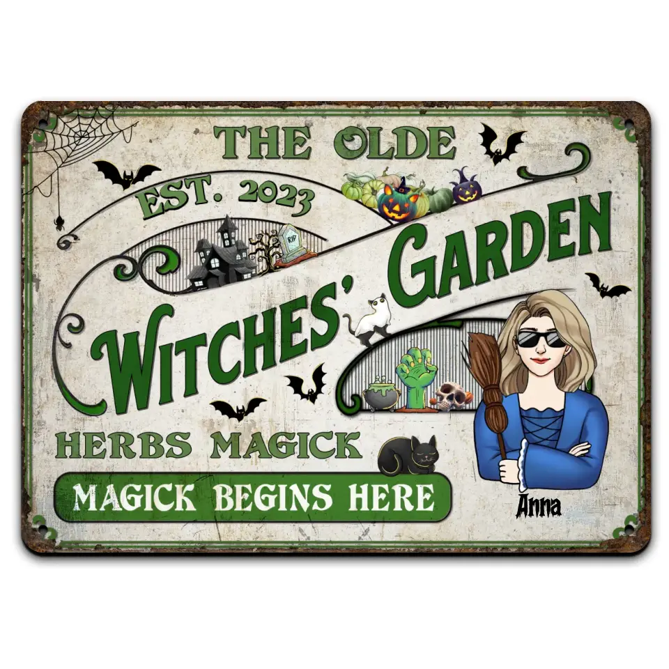 The Olde Witches' Garden Fresh Grown Herbs Magick Begins Here - Personalized Metal Sign