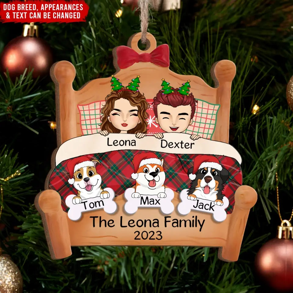 Personalized Couple Snuggled In Bed With Pets - Personalized Couple Ornament, Christmas Gift, ORN20