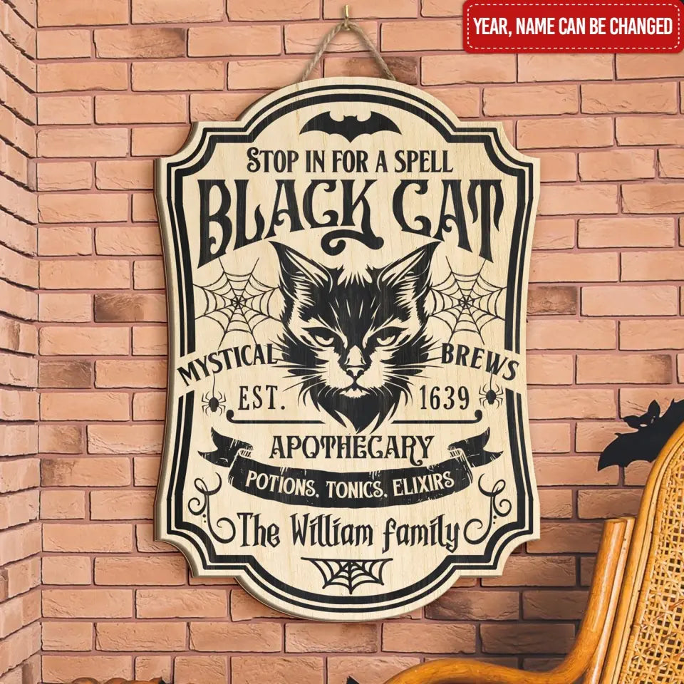 Black Cat Apothecary - Personalized Wood Sign, Halloween Gift