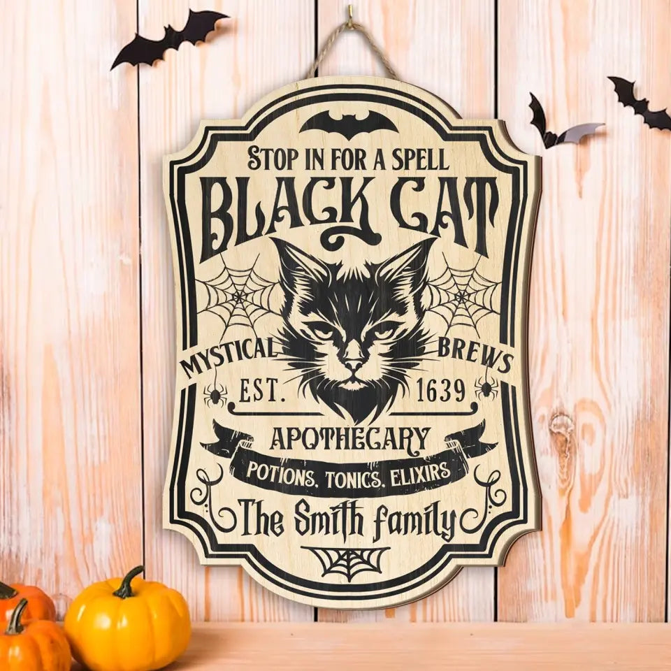 Black Cat Apothecary - Personalized Wood Sign, Halloween Gift