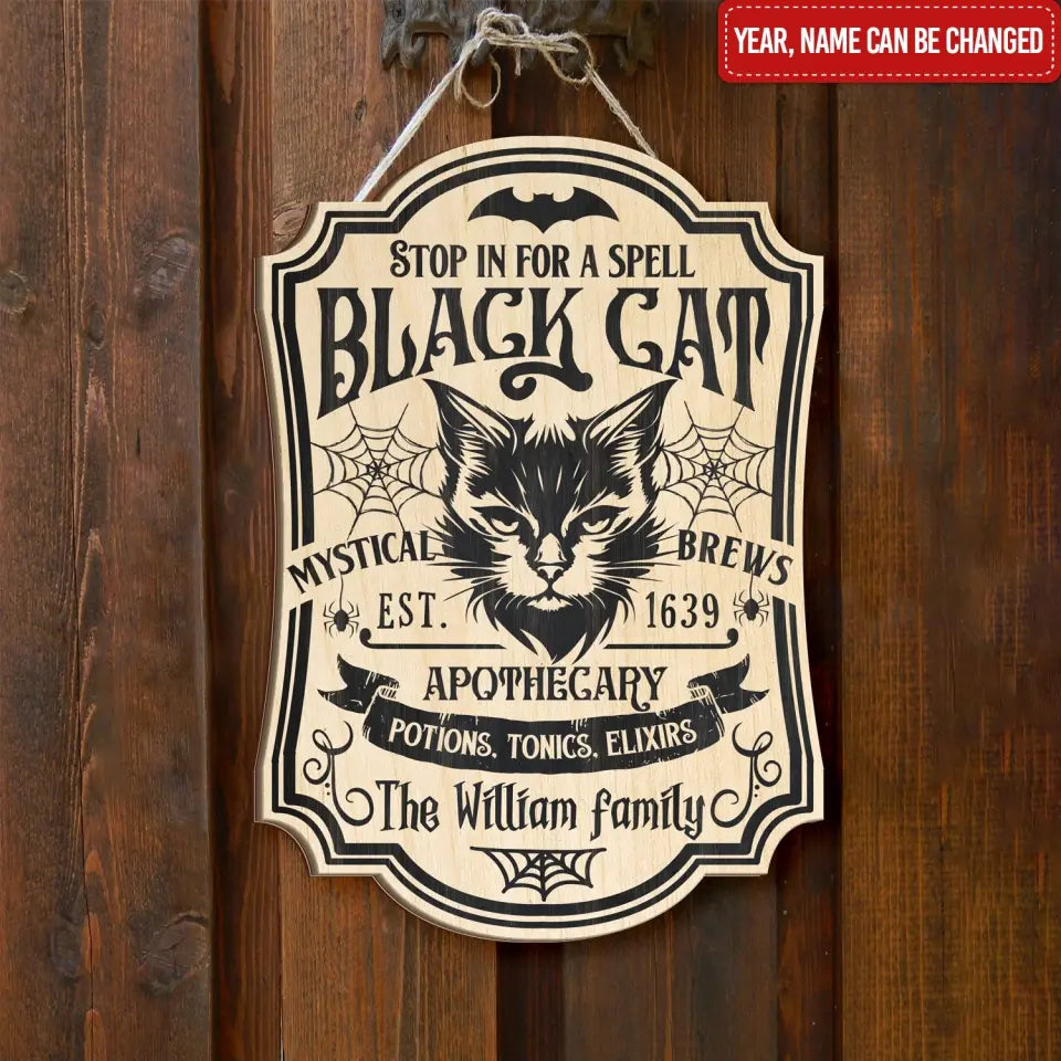 Black Cat Apothecary - Personalized Wood Sign, Halloween Gift