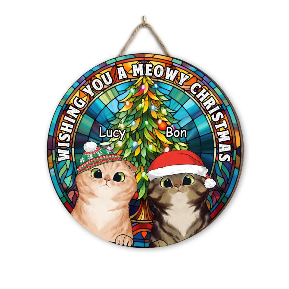 Wishing You A Meowy Christmas - Personalized Wood Sign, Gift For Christmas
