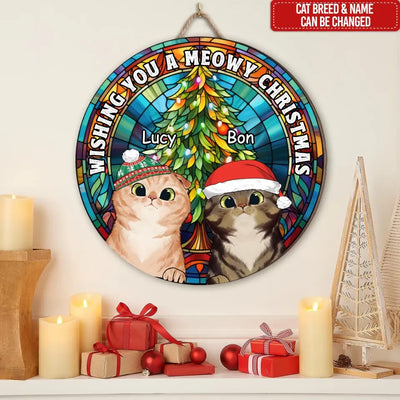 Wishing You A Meowy Christmas - Personalized Wood Sign, Gift For Christmas