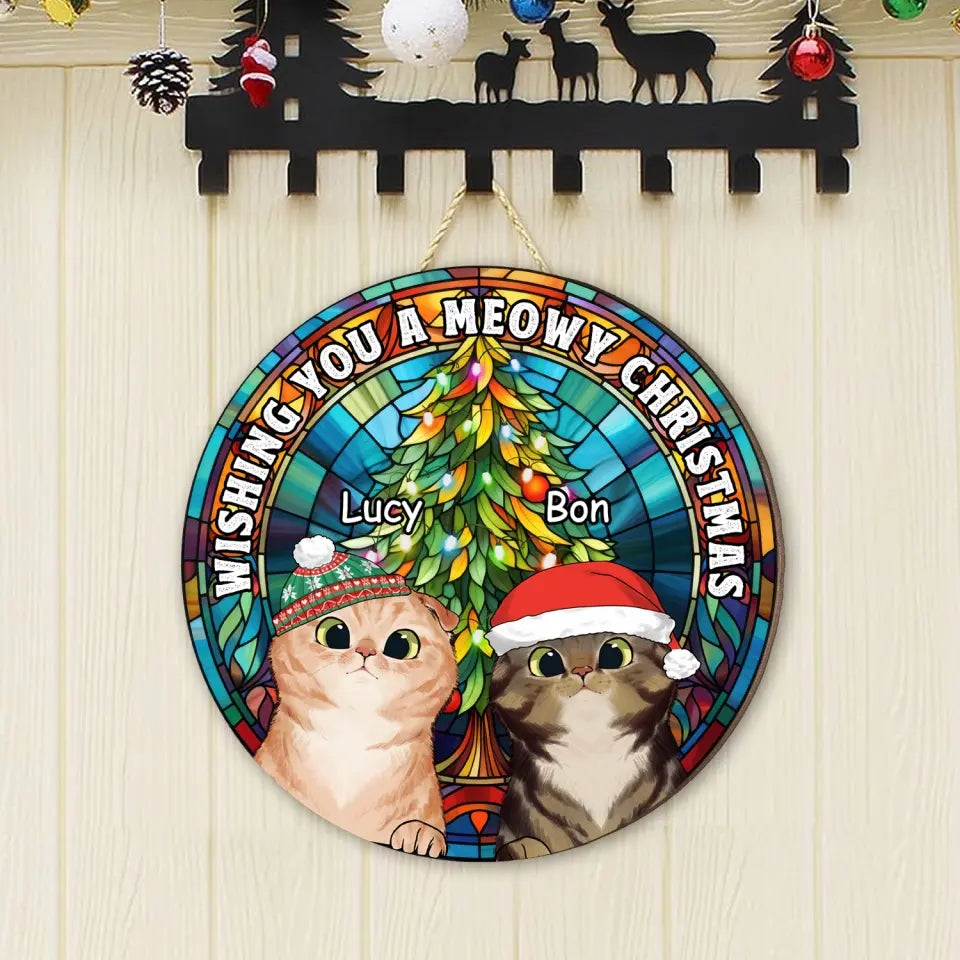 Wishing You A Meowy Christmas - Personalized Wood Sign, Gift For Christmas
