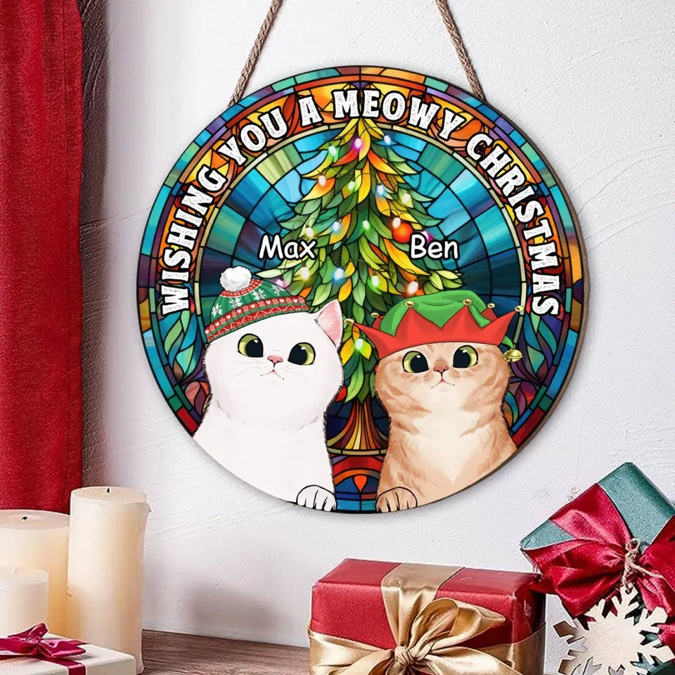 Wishing You A Meowy Christmas - Personalized Wood Sign, Gift For Christmas