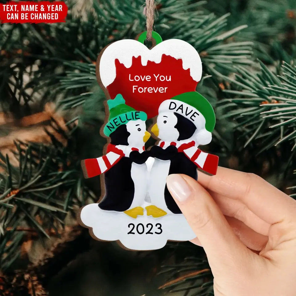 Love You Forever - Personalized  Wooden Ornament, Kissing Penguin Couple Ornament