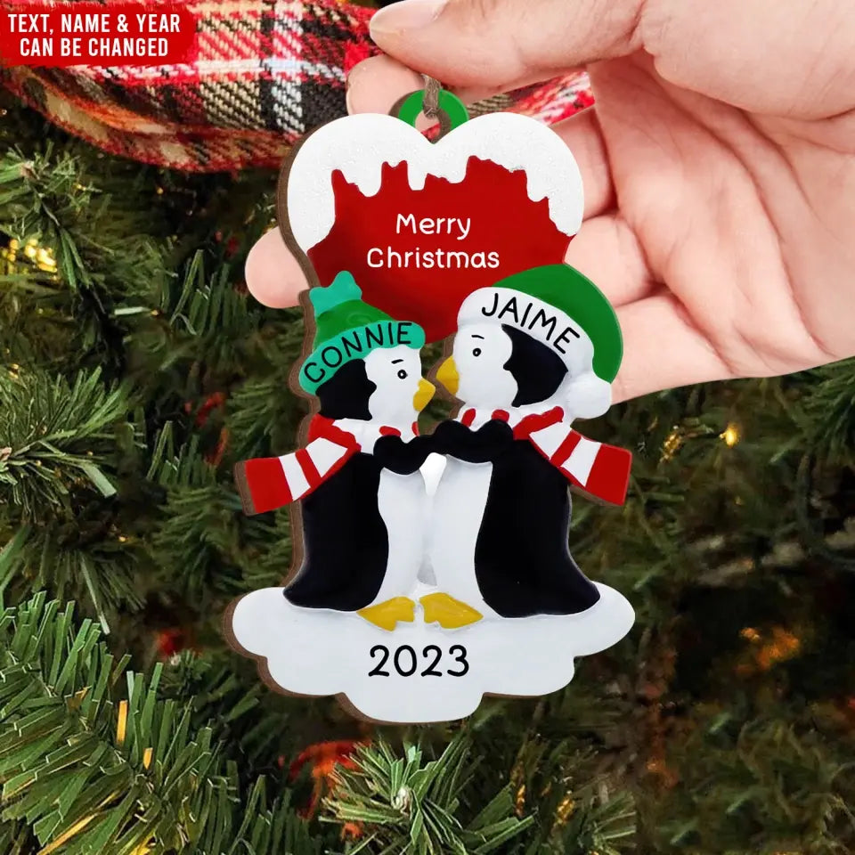 Love You Forever - Personalized  Wooden Ornament, Kissing Penguin Couple Ornament