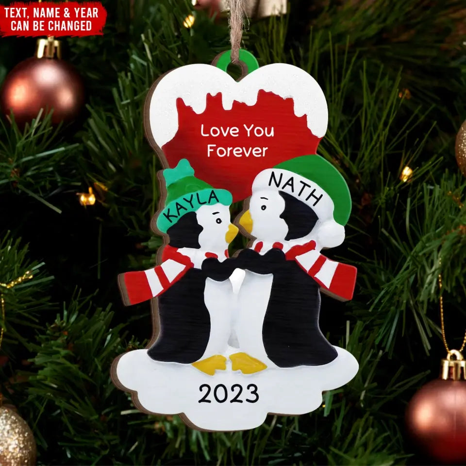 Love You Forever - Personalized  Wooden Ornament, Kissing Penguin Couple Ornament