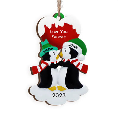 Love You Forever - Personalized  Wooden Ornament, Kissing Penguin Couple Ornament