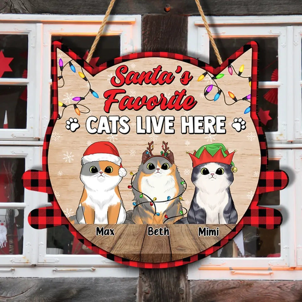 Santa’s Favorite Cat Lives Here - Personalized Wood Sign, Gift For Christmas