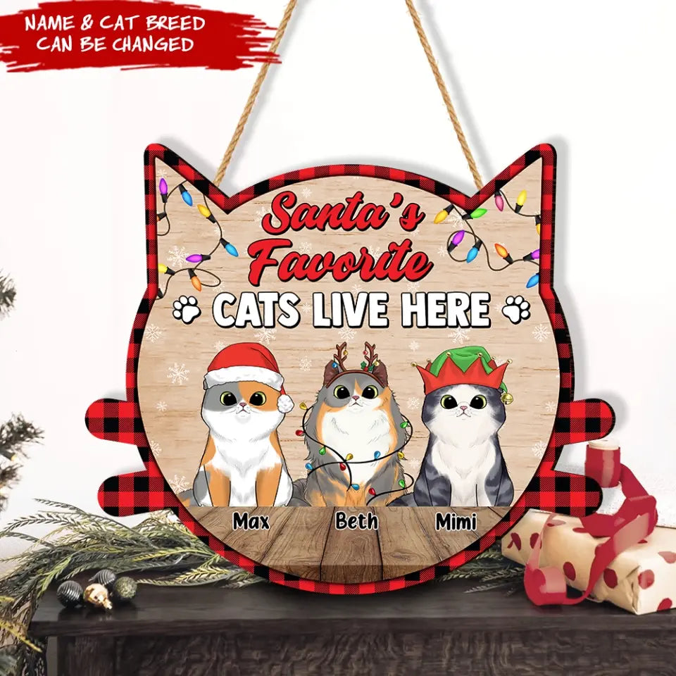 Santa’s Favorite Cat Lives Here - Personalized Wood Sign, Gift For Christmas