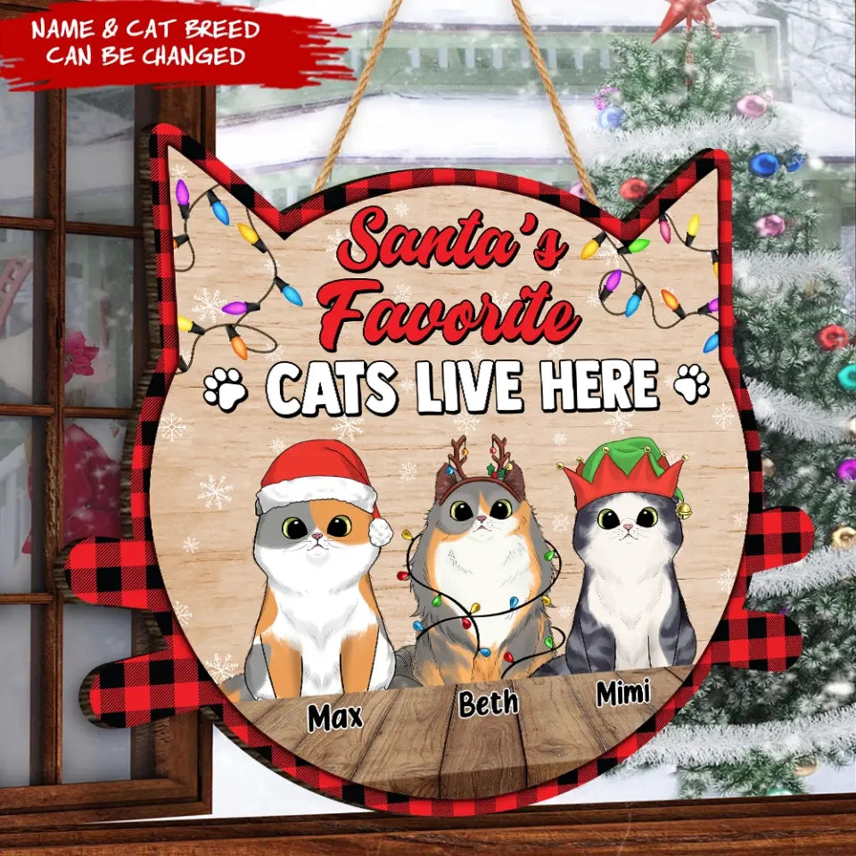 Santa’s Favorite Cat Lives Here - Personalized Wood Sign, Gift For Christmas