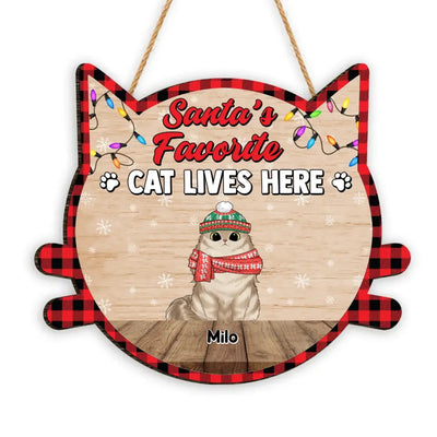 Santa’s Favorite Cat Lives Here - Personalized Wood Sign, Gift For Christmas