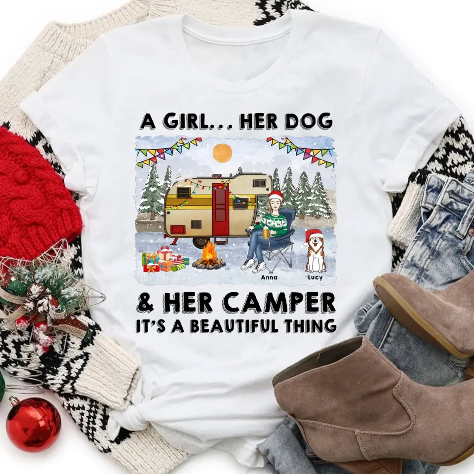 A Girl… Her Dogs & Her Camper It’s A Beautiful Thing - Personalized T-Shirt, Christmas Gift Ideas