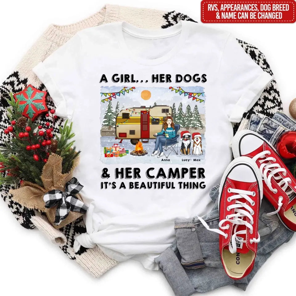 A Girl… Her Dogs & Her Camper It’s A Beautiful Thing - Personalized T-Shirt, Christmas Gift Ideas