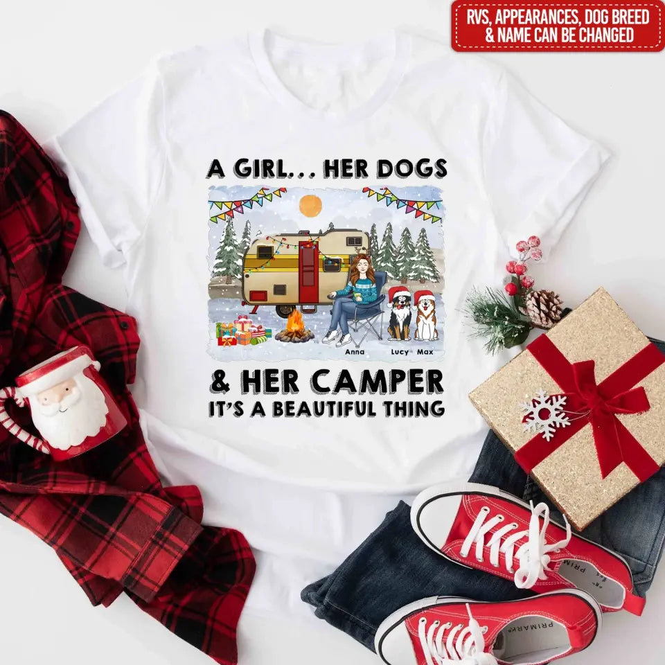 A Girl… Her Dogs & Her Camper It’s A Beautiful Thing - Personalized T-Shirt, Christmas Gift Ideas