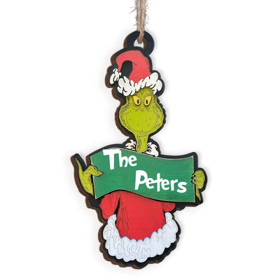 Grinch Family Farmhouse - Personalized Wood Ornament, Gift For Christmas
