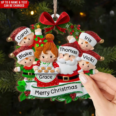 Family Christmas Ornament Santa & Mrs. Claus With Children - Personalized Wooden Ornament, Christmas Gift - ORN104