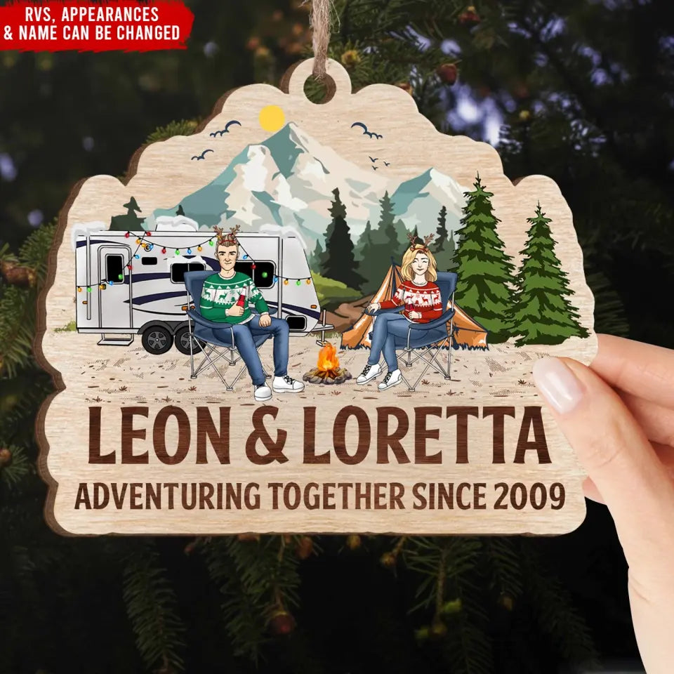 Adventuring Together - Personalized Wooden Ornament, Gift For Camping Couple - ORN107
