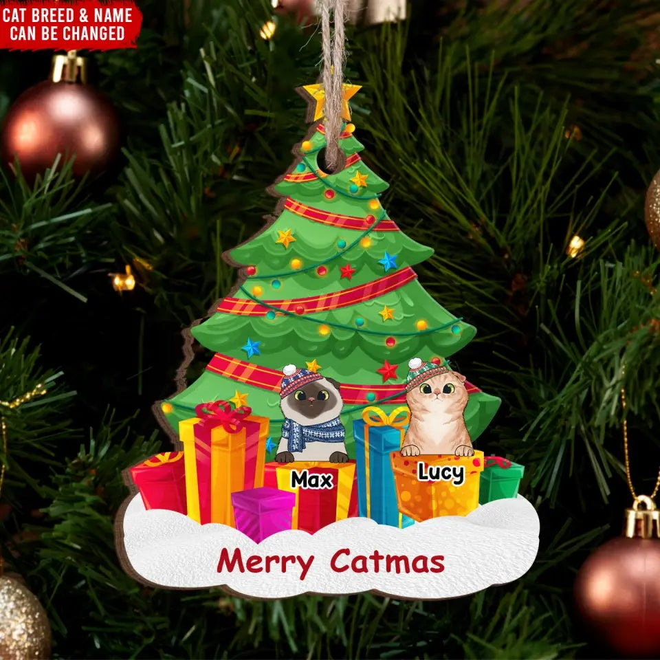 Catmas Tree - Personalized Wooden Ornament, Gift For Cat Lovers - ORN119