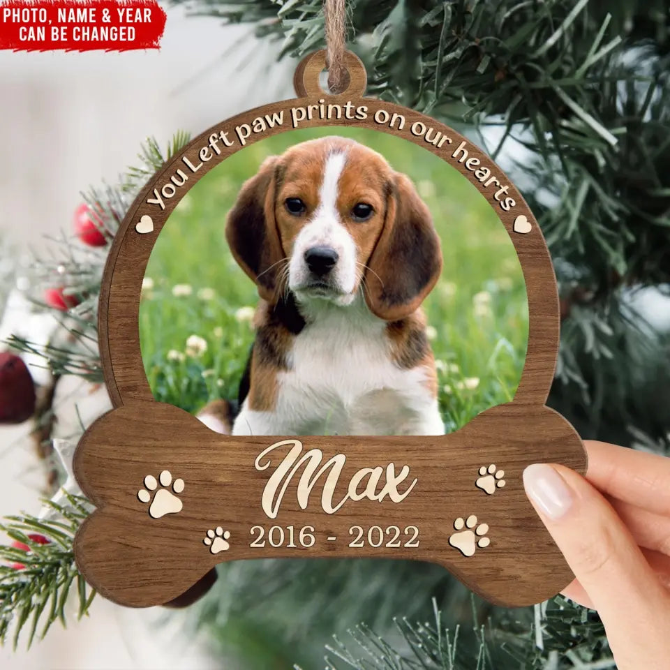 You Left Paw Prints On Our Hearts - Personalized Wooden Ornament, Gift For Christmas - ORN121