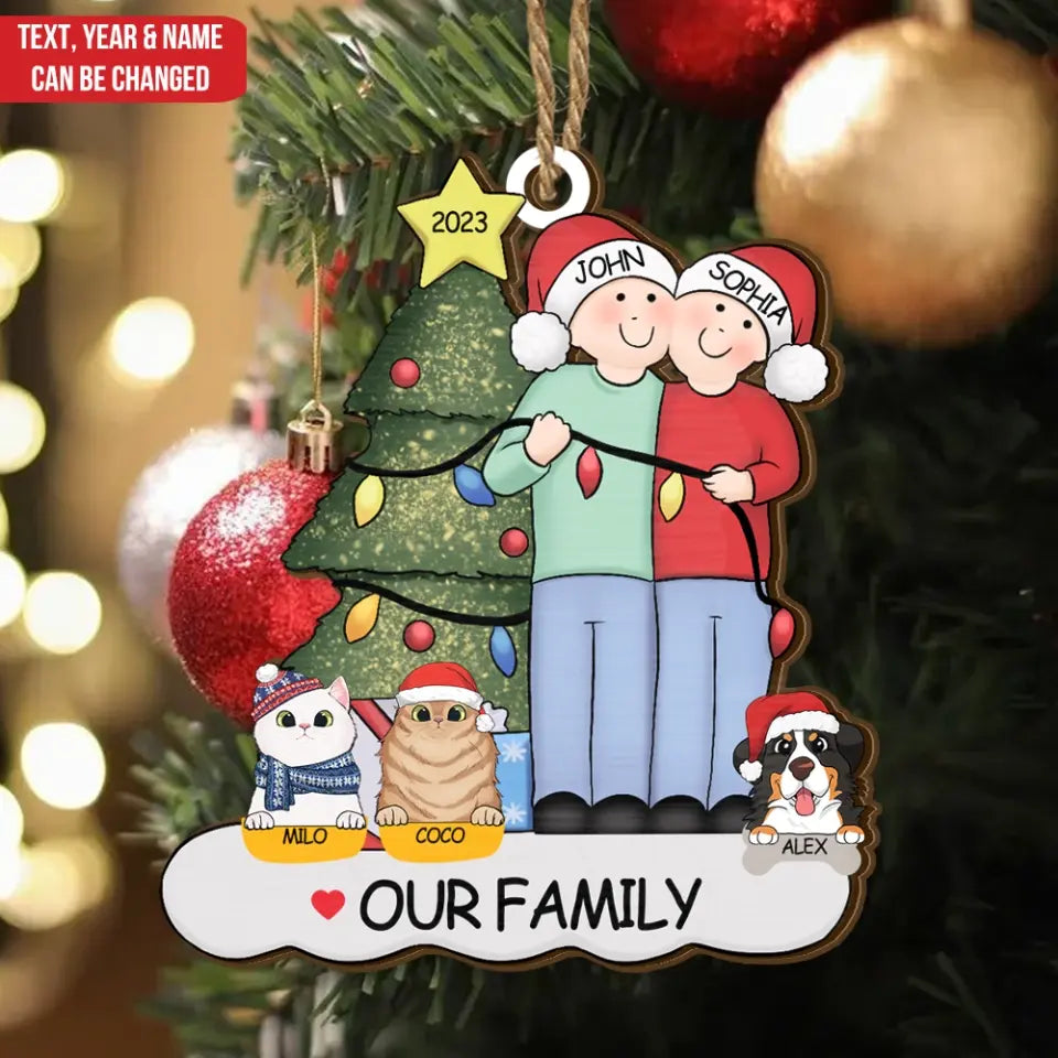 Couple With Pets - Personalized Wooden Ornament, Gift For Family, Gift For Couple - ORN131