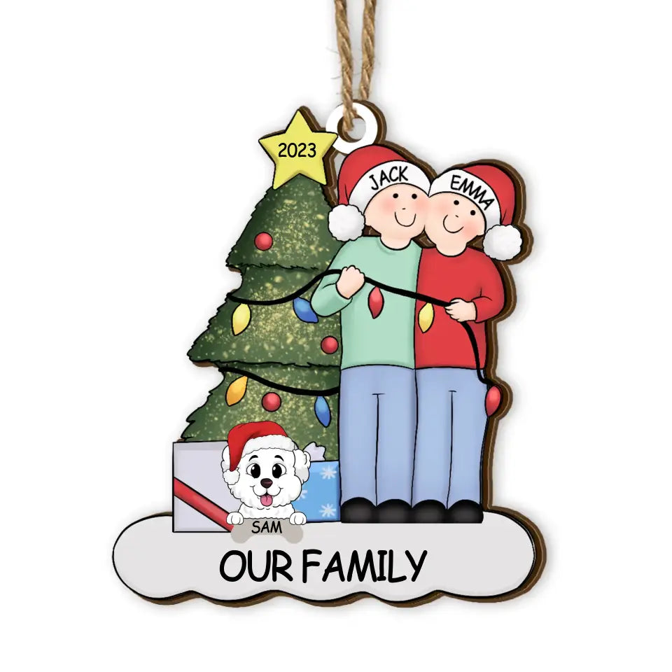 Couple With Pets - Personalized Wooden Ornament, Gift For Family, Gift For Couple - ORN131