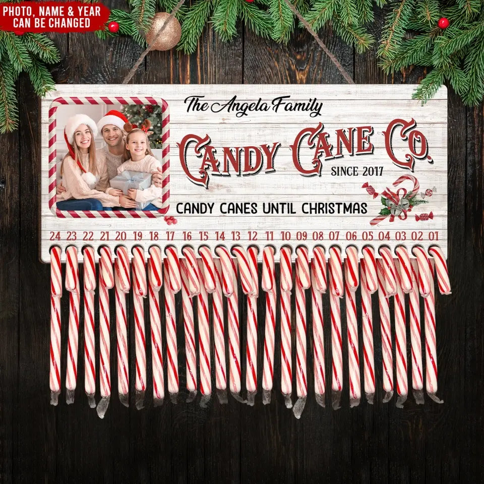 Candy Cane Co Christmas Countdown - Personalized Wood Sign, Custom Photo Christmas Gift For Family - DS651