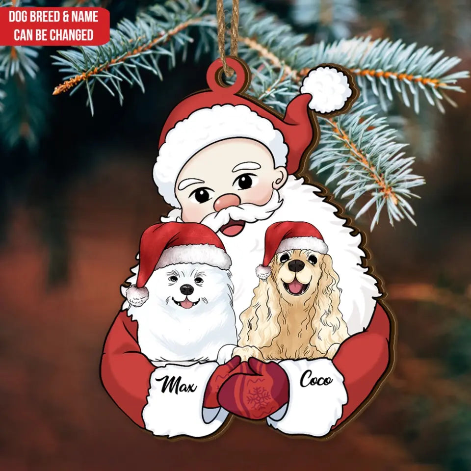 Santa Hug Dogs - Personalized Wooden Ornament, Christmas Decoration - ORN156