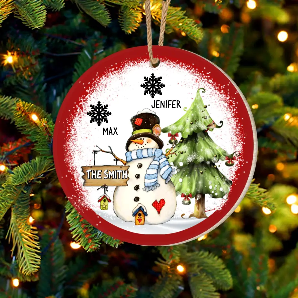 Personalized Family Snowman Wooden Print Ornament