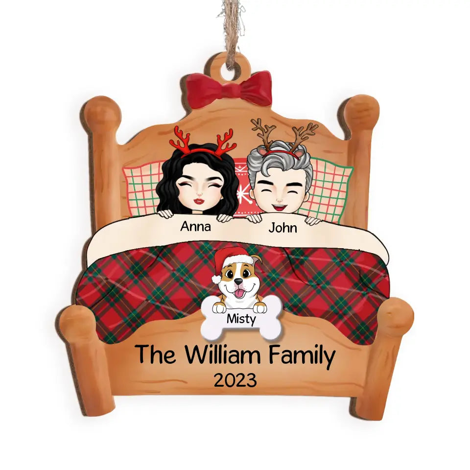Personalized Couple Snuggled In Bed With Pets - Personalized Couple Ornament, Christmas Gift, ORN20