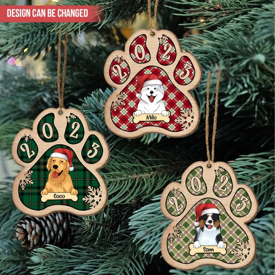 Custom Christmas Wooden Paws Ornament | Dog, Cat, And Snow |  Plaid Pattern | Customized Decoration Gift For Pet Lovers